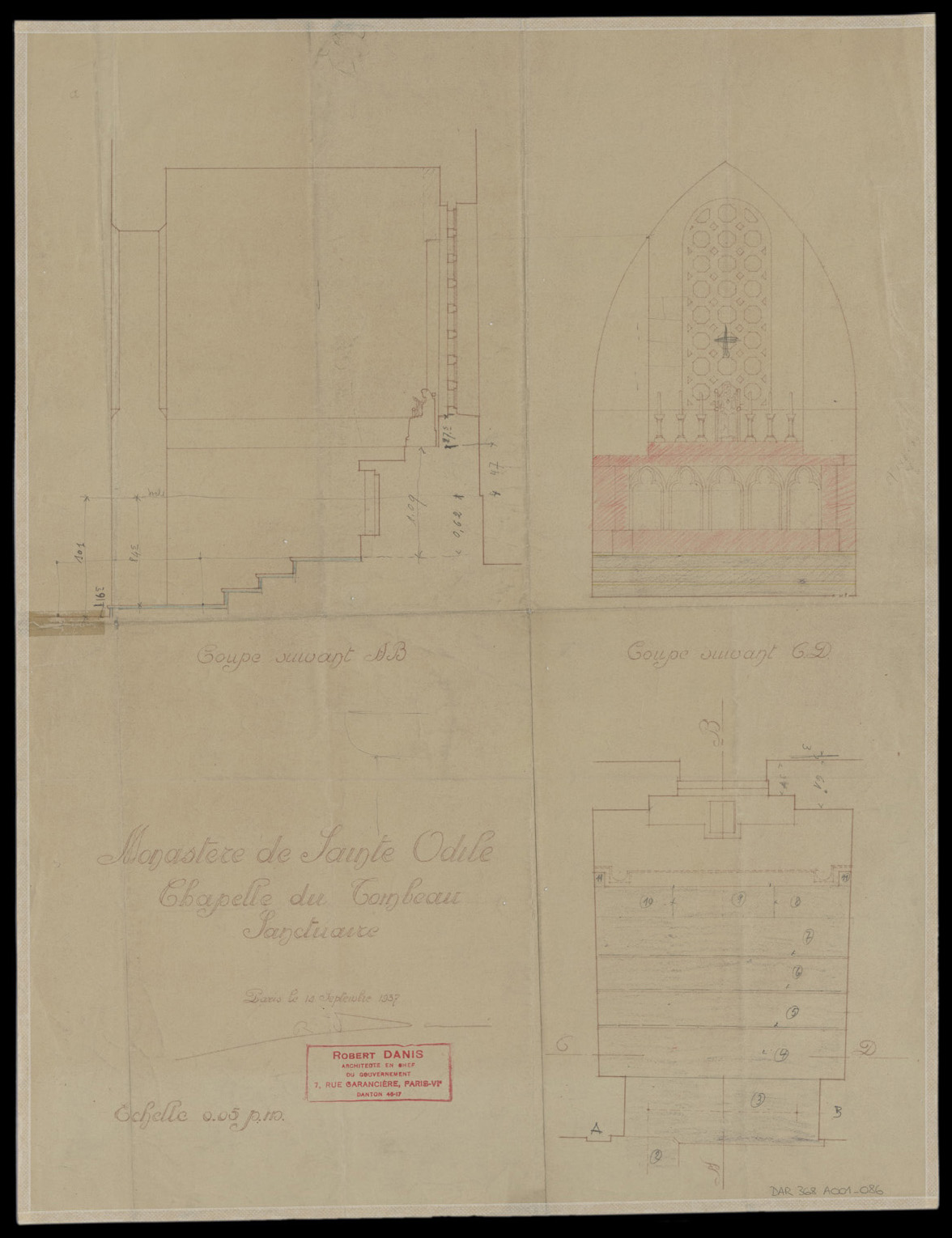 Chapelle du Tombeau, plan de masse et coupes sur le sanctuaire.