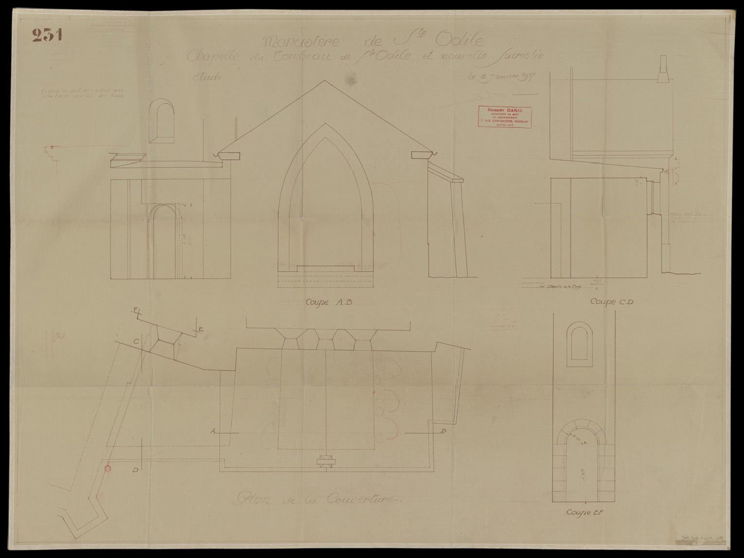 Chapelle du Tombeau et nouvelle sacristie, plan de la couverture, élévation extérieure et coupes.