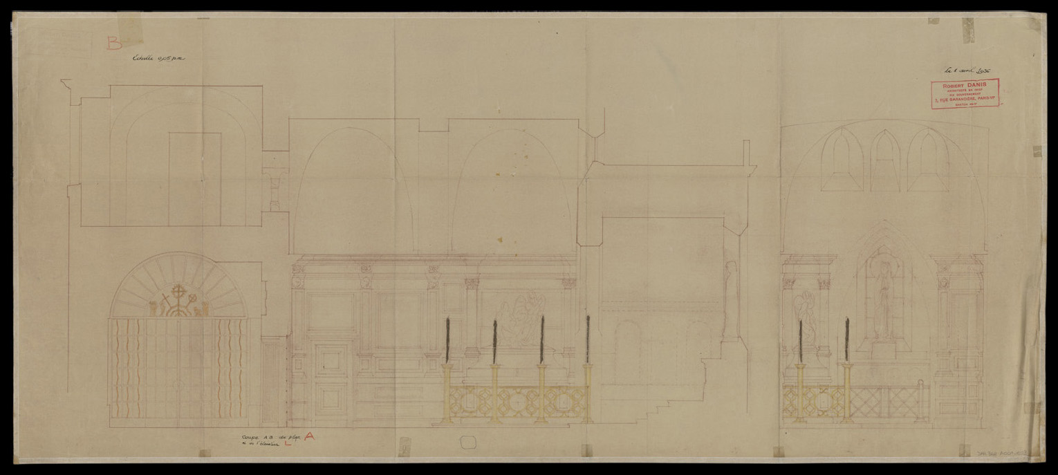 Chapelle du Tombeau, coupes longitudinale et transversale, détail d’une fenêtre.