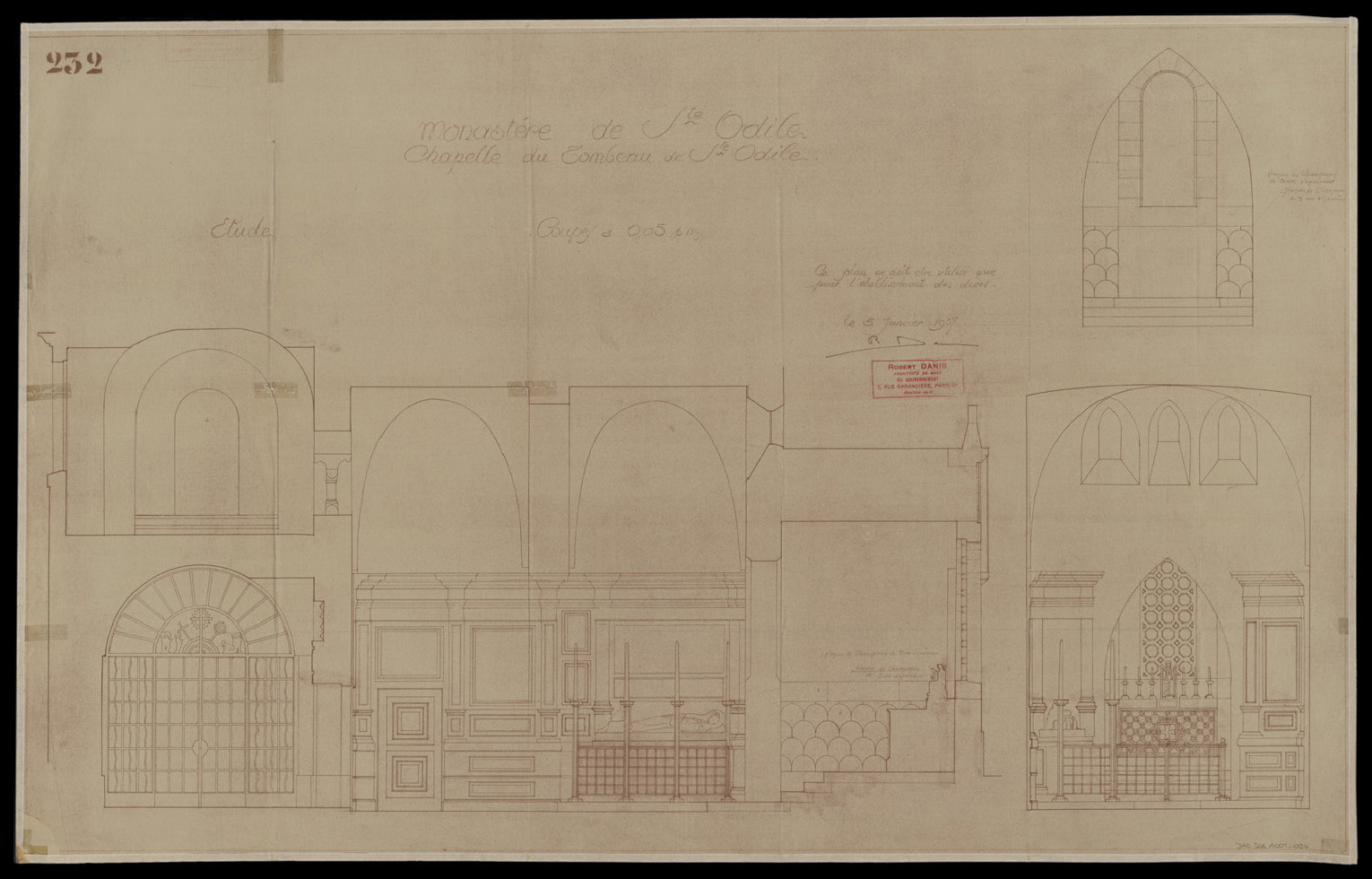 Chapelle du Tombeau, coupes longitudinale et transversale, détail d’une fenêtre.