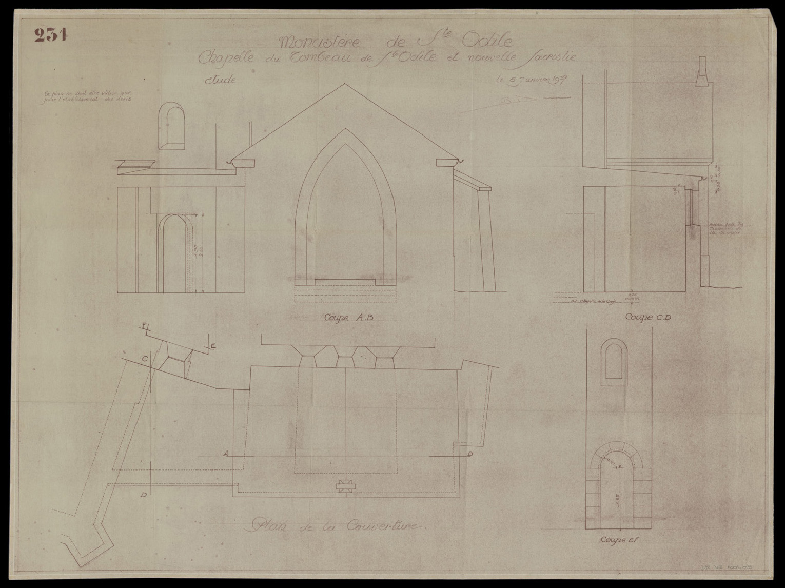 Chapelle du Tombeau et nouvelle sacristie, plan de la couverture, élévation extérieure et coupes.