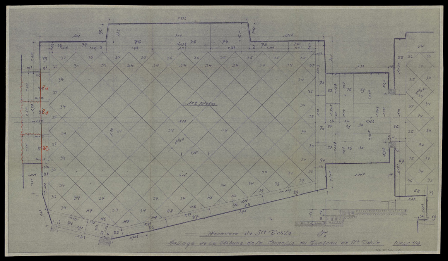 Chapelle du Tombeau, plan et coupe du dallage de la tribune.