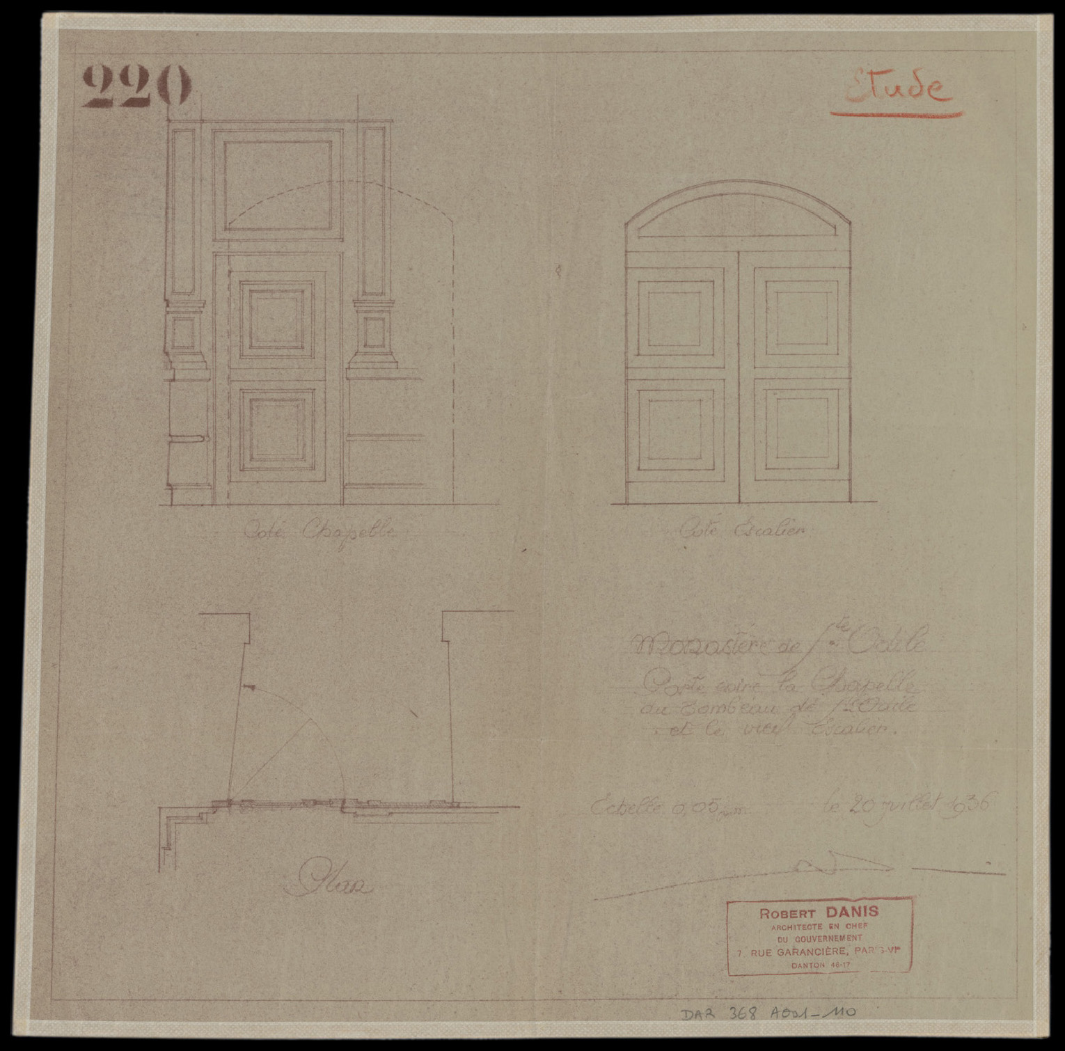 Porte entre le vieil escalier et la chapelle du Tombeau, plan de masse et élévations.