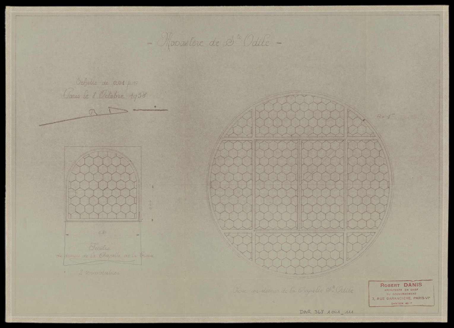 Chapelle du Tombeau, élévations d’une fenêtre et de la rose.