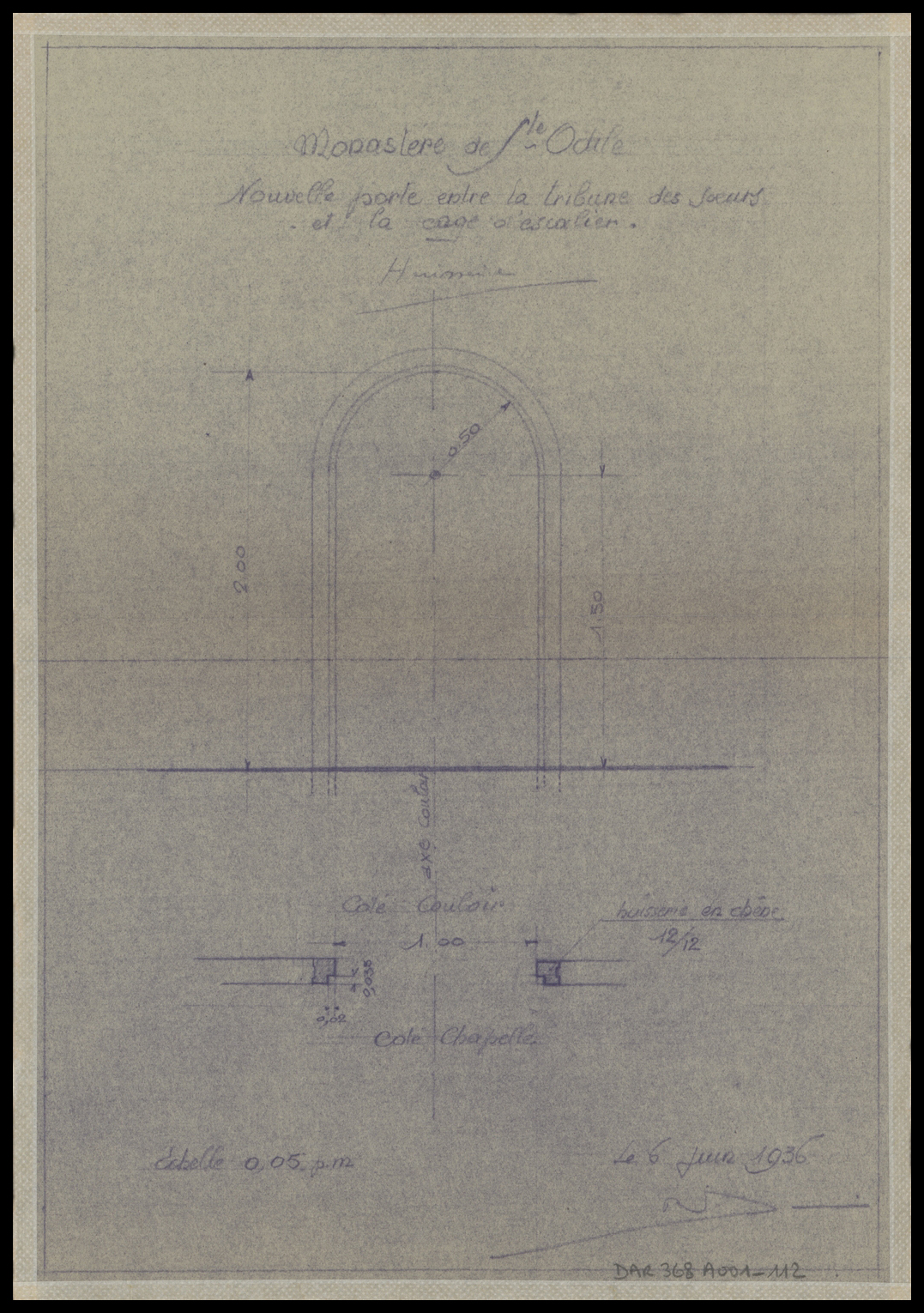 Nouvelle porte entre la tribune des sœurs et la cage d’escalier, plan de masse et élévation.