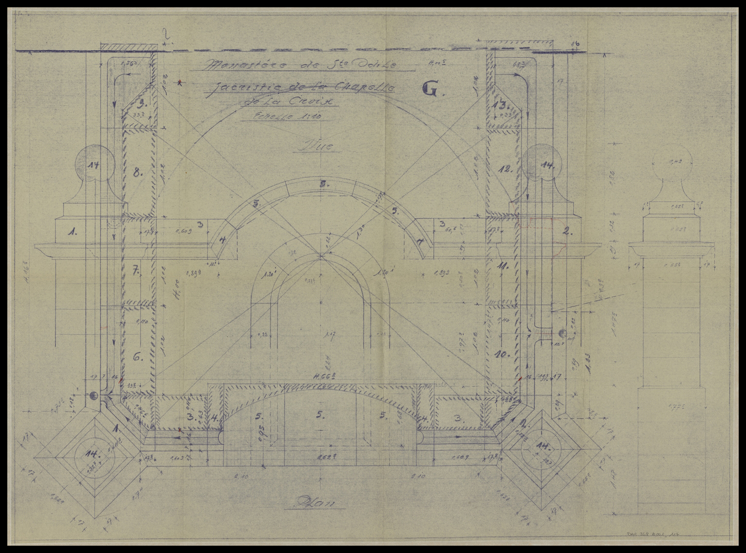 Sacristie de la chapelle de la Croix, plan de masse, élévation et détail.