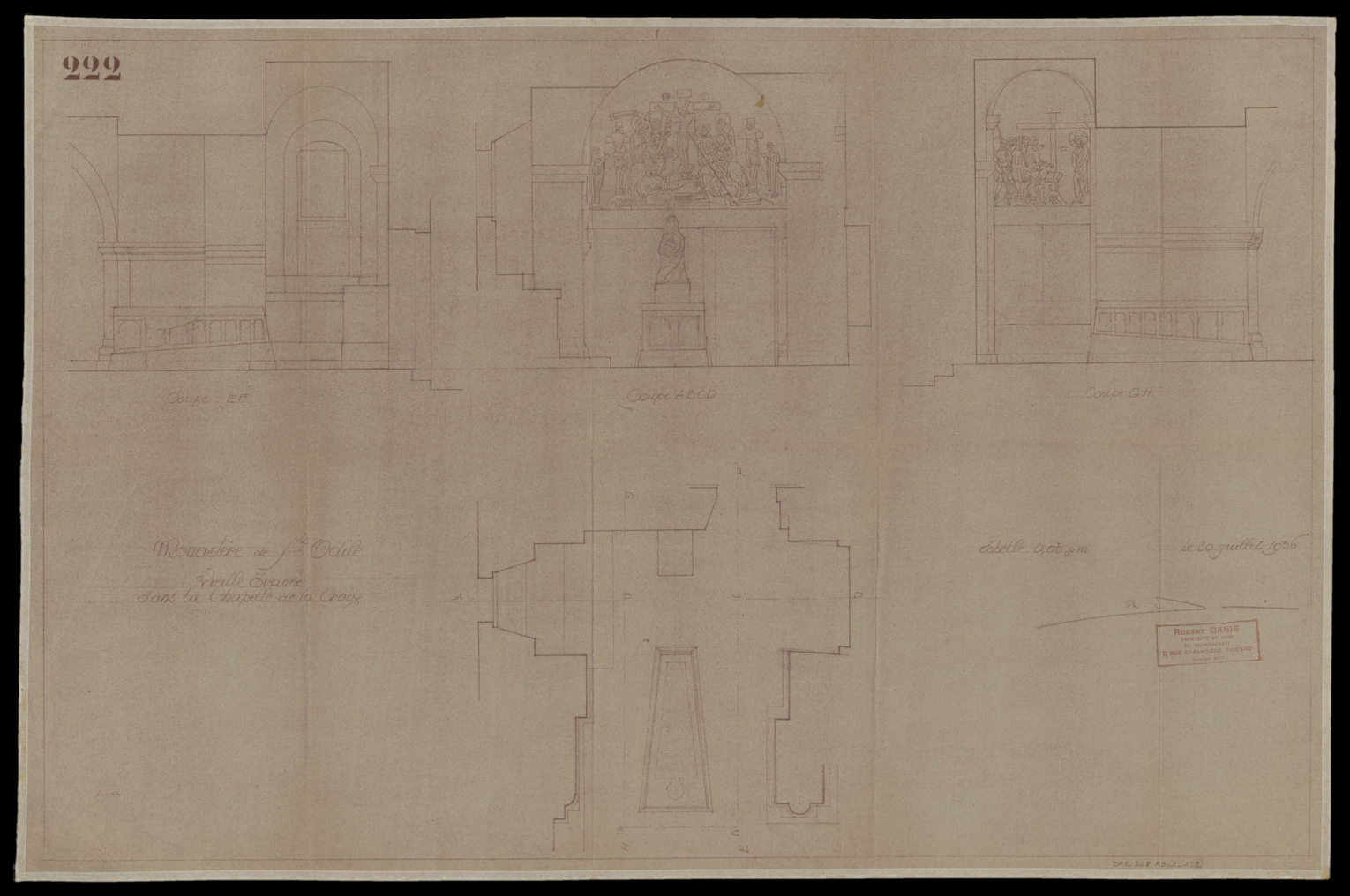 Chapelle de la Croix, plan de masse et coupes sur la vieille travée.