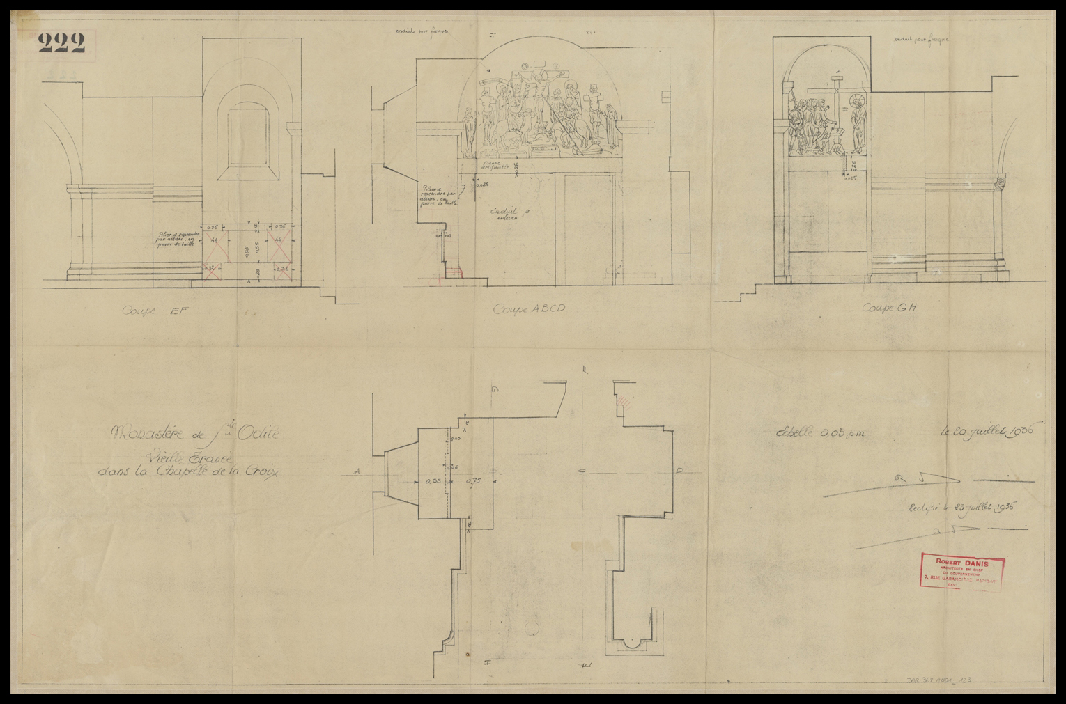 Chapelle de la Croix, plan de masse et coupes sur la vieille travée.