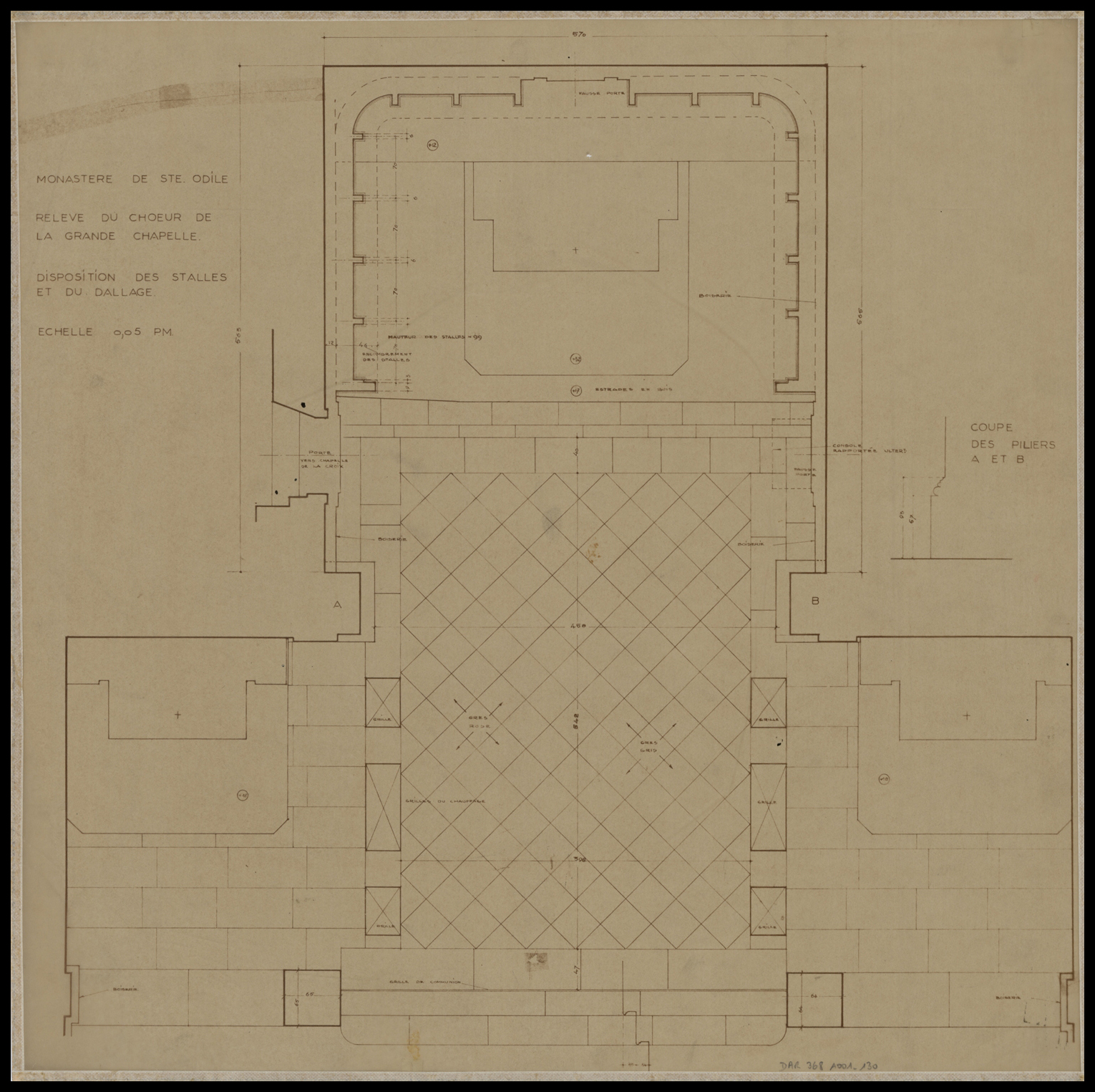 Grande chapelle, plan du dallage et d’implantation des stalles.