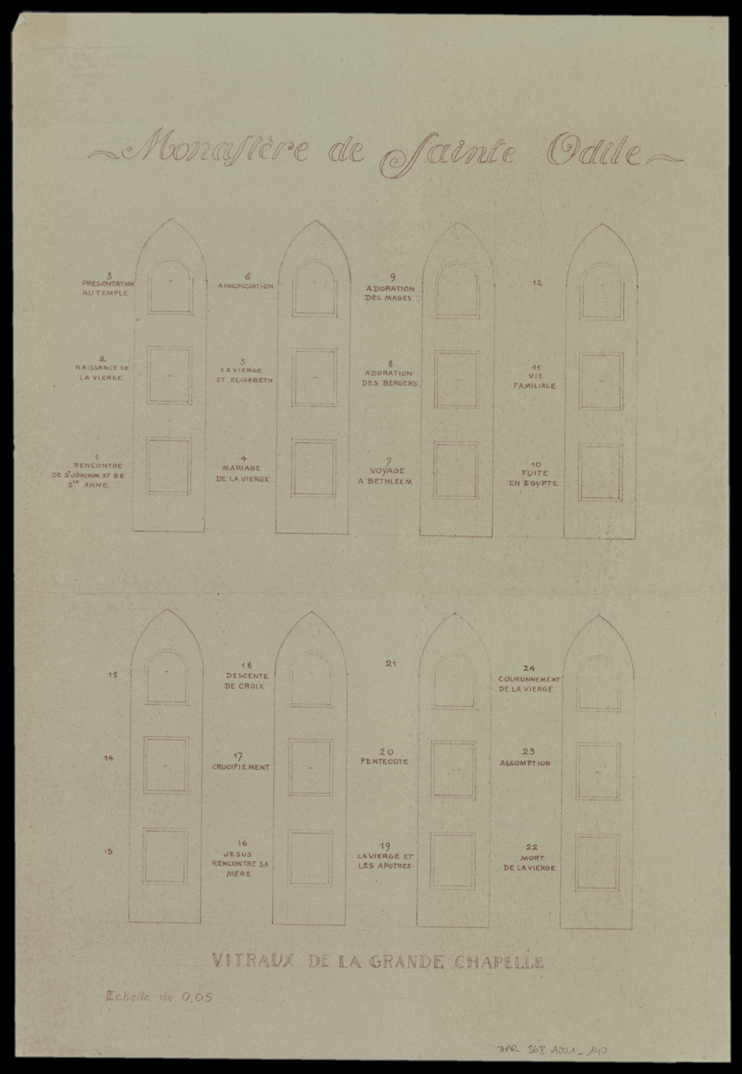 Grande chapelle, plan des verrières.