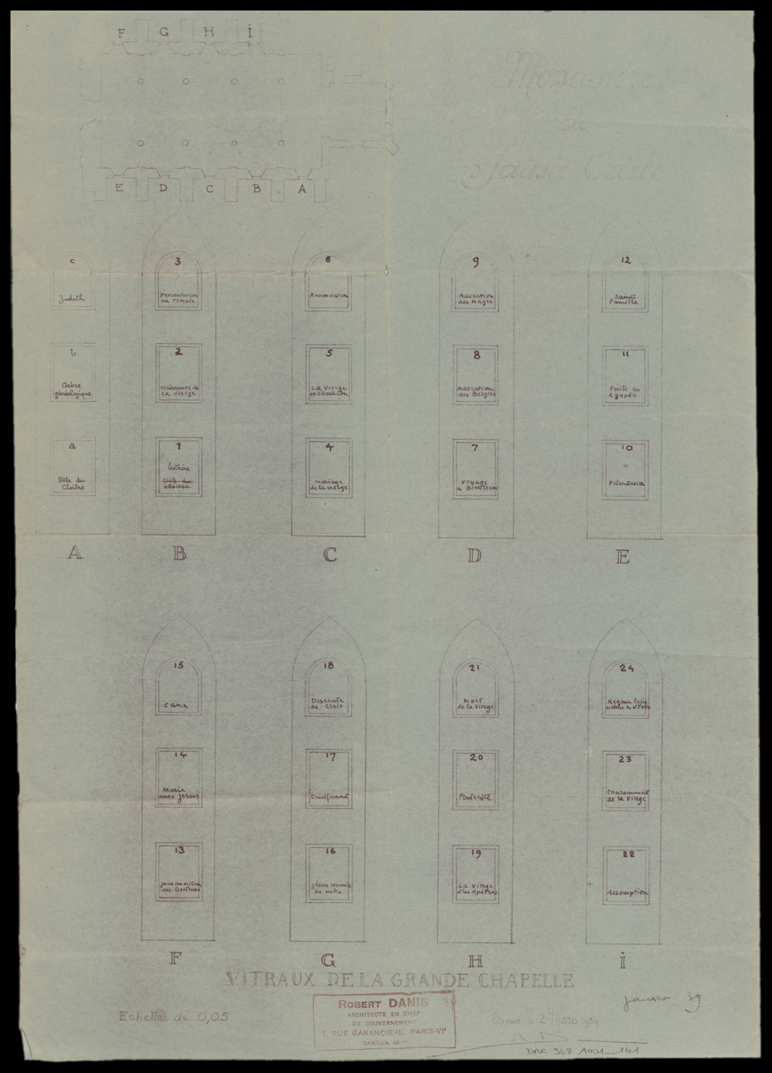 Grande chapelle, plan des verrières.