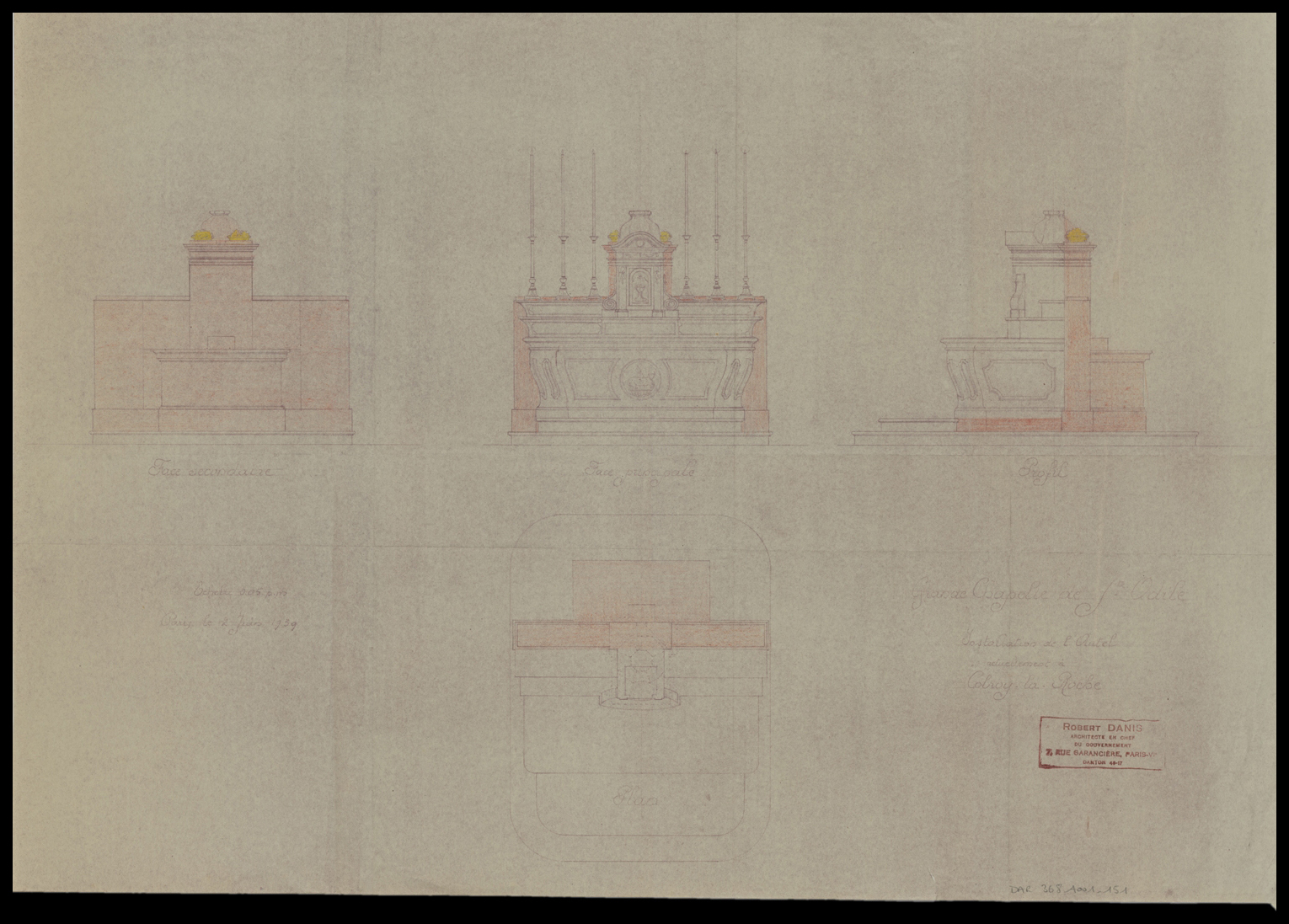 Installation de l’autel de Colroy-la-Roche dans la grande chapelle, plan de masse et élévations.