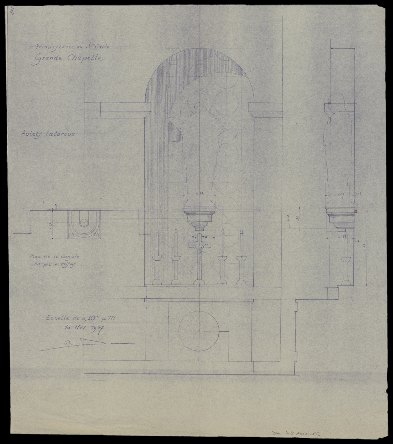 Grande chapelle, plan de masse et élévations des autels latéraux.