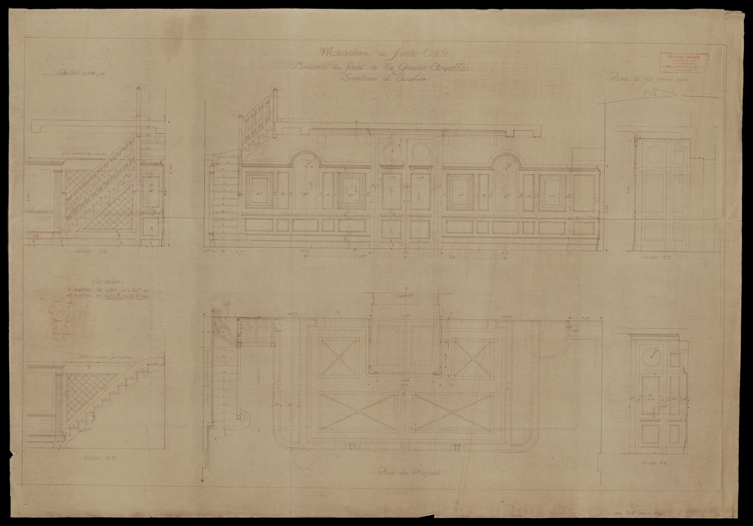 Grande chapelle, détails des boiseries, de l’escalier et du tambour.