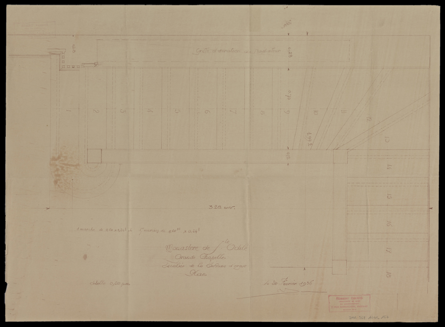 Grande chapelle, plan de masse de l’escalier de la tribune d’orgue.