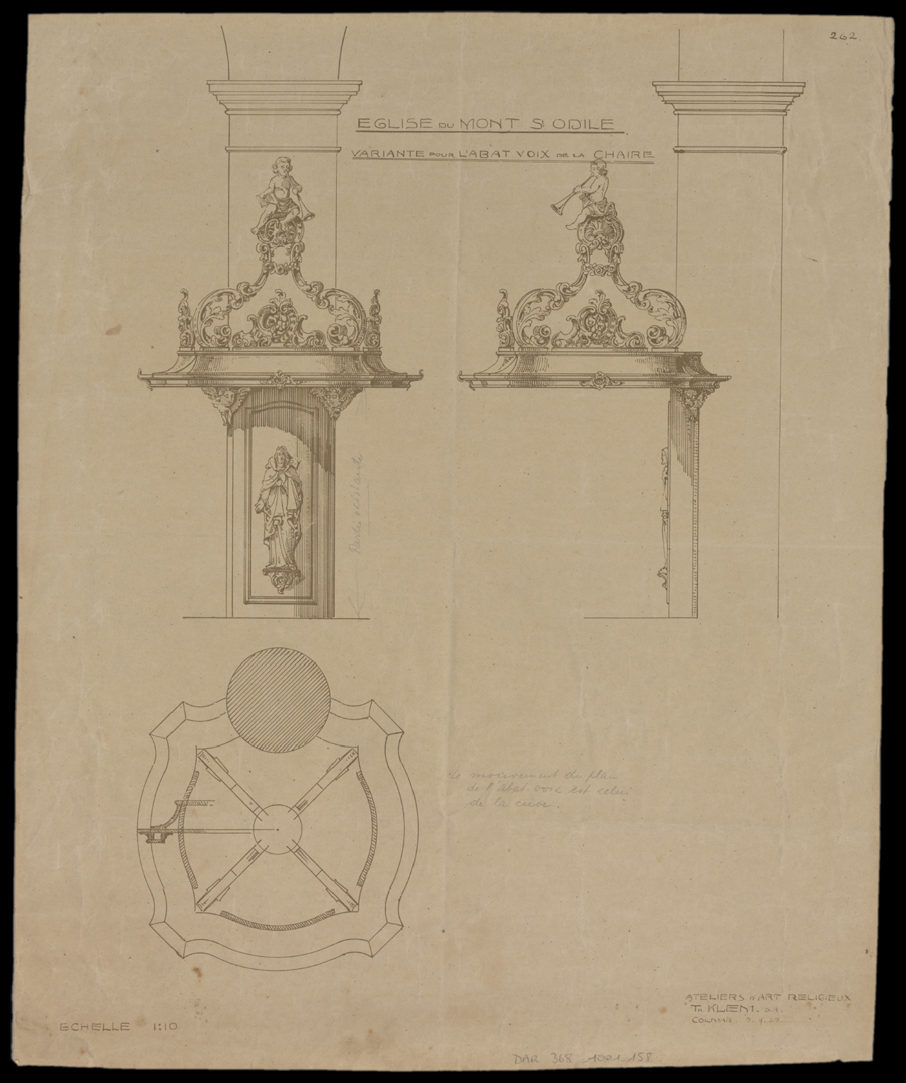 Eglise, plan et élévations pour l’abat-voix de la chaire à prêcher (variante).