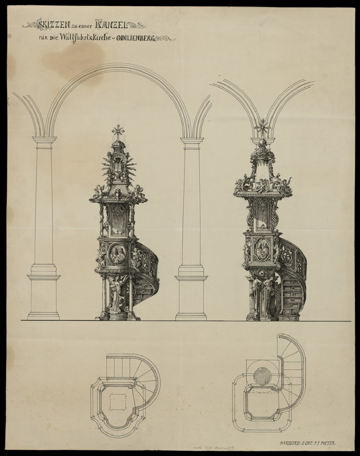 Projet de nouvelle chaire à prêcher dans la grande chapelle, plans et élévations.