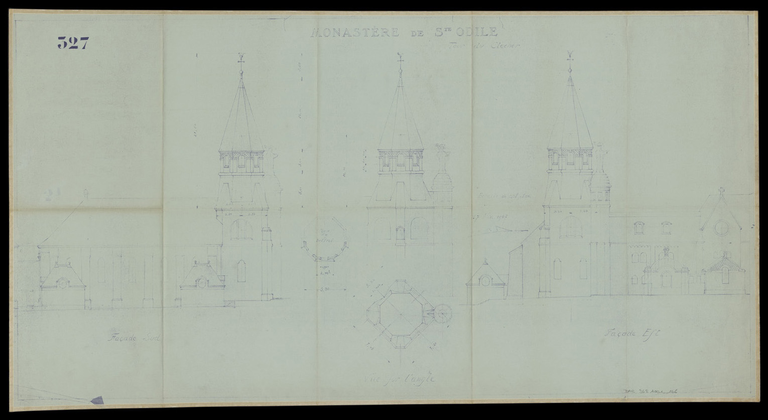 Tour du clocher, plans de masse par niveau et élévations.