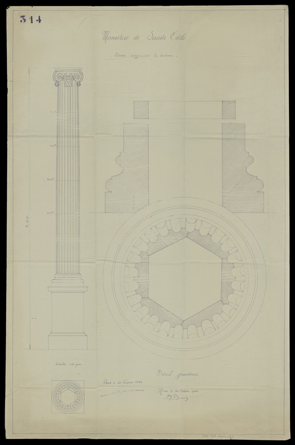 Grande chapelle, plan, élévation et détails d’une colonne supportant la tribune.