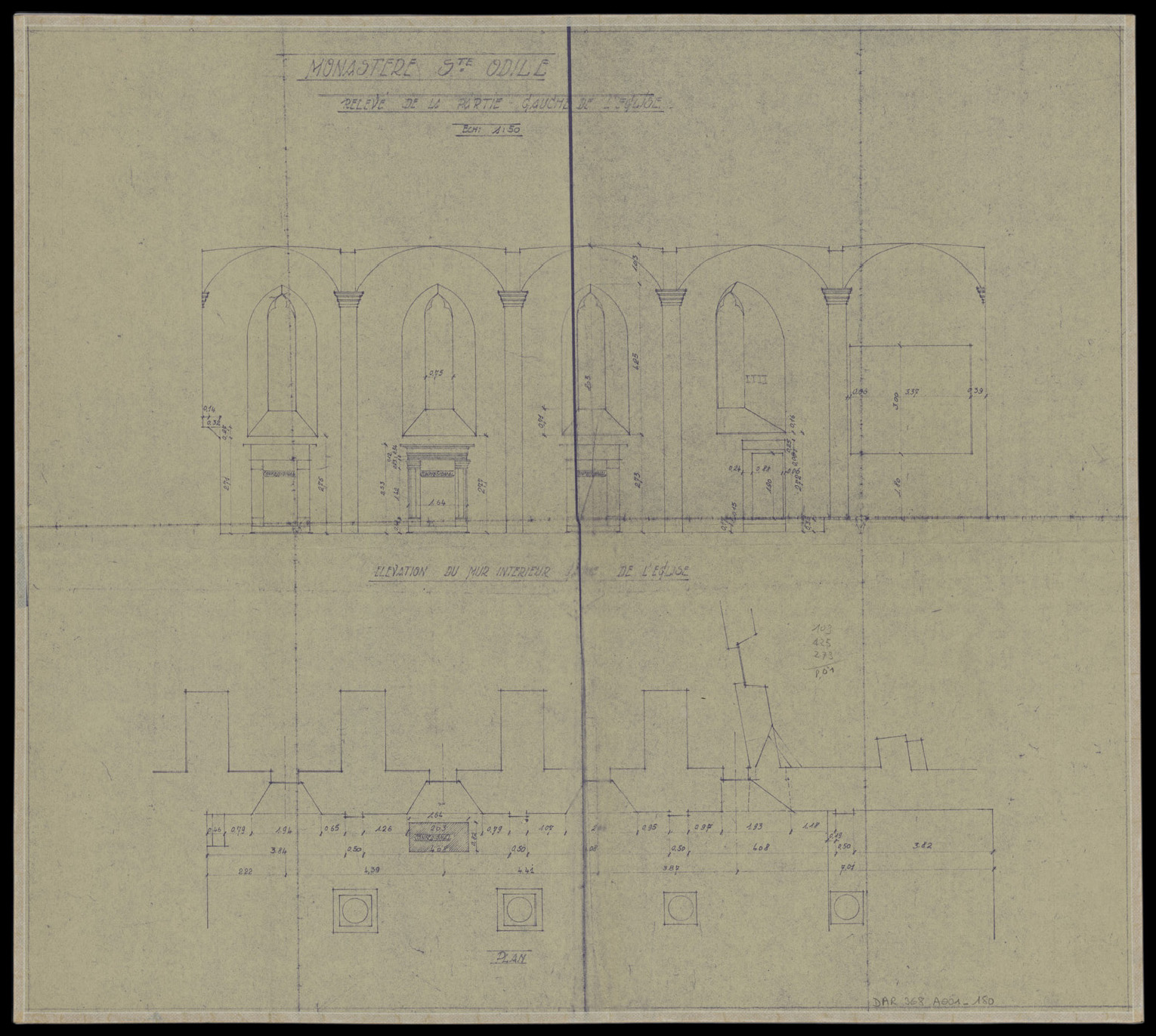 Grande chapelle, plan de masse et élévation intérieure.