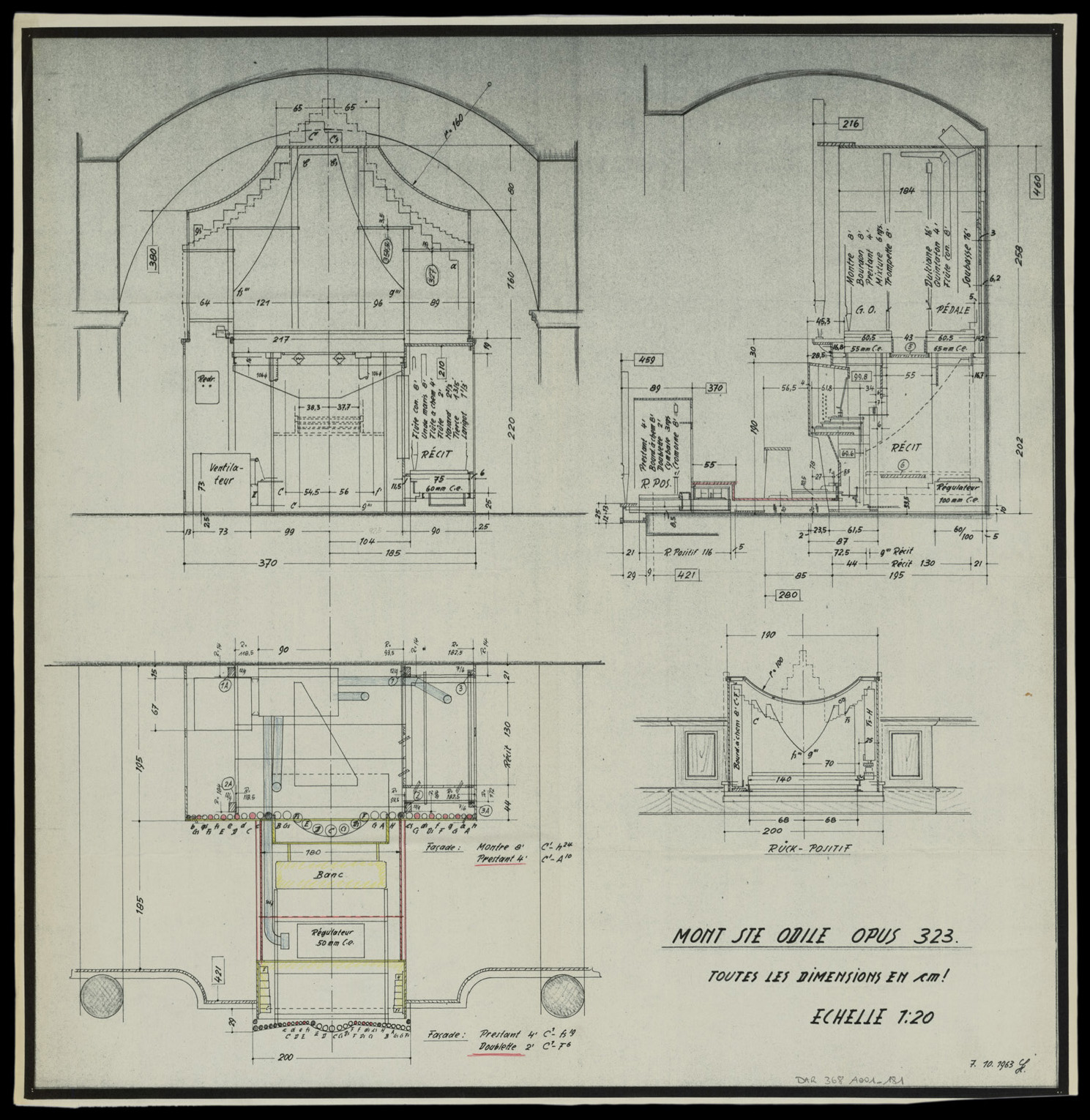 Grande chapelle, plan, élévation, coupe sur l’orgue et détail.