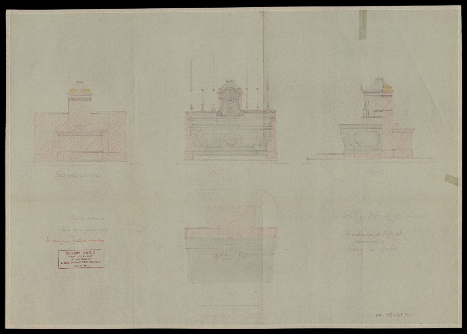 Projet d’installation de l’autel de Colroy-la-Roche dans la grande chapelle, plan de masse et élévations.