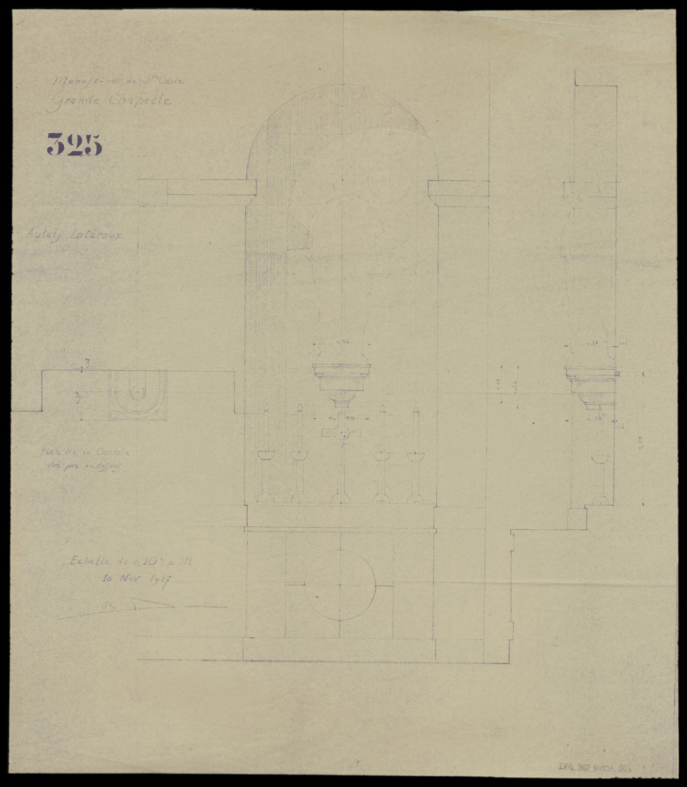 Grande chapelle, plan et élévations des autels latéraux.