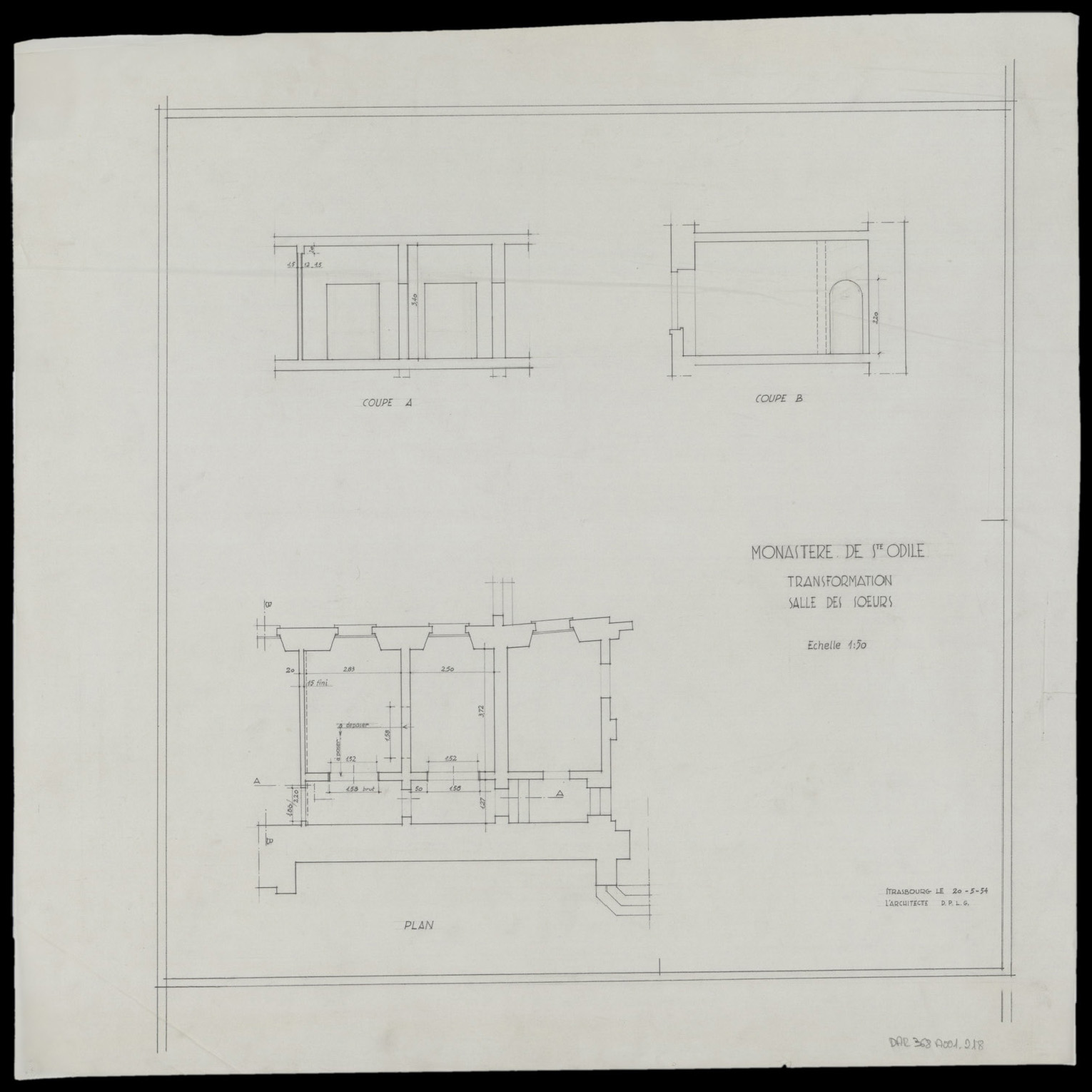 Projet de transformation de la salle des sœurs, plan de masse et coupes.