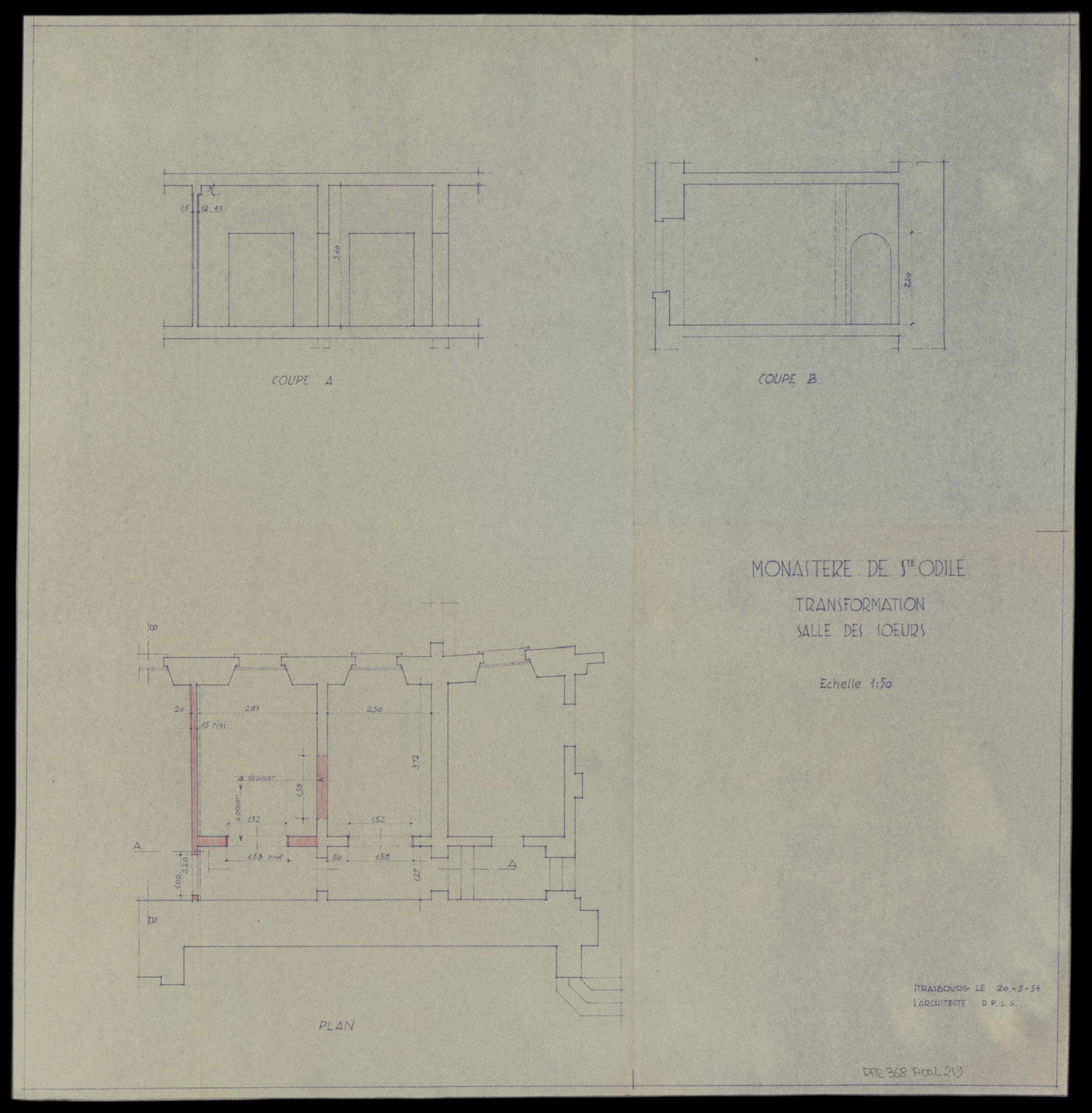 Projet de transformation de la salle des sœurs, plan de masse et coupes.