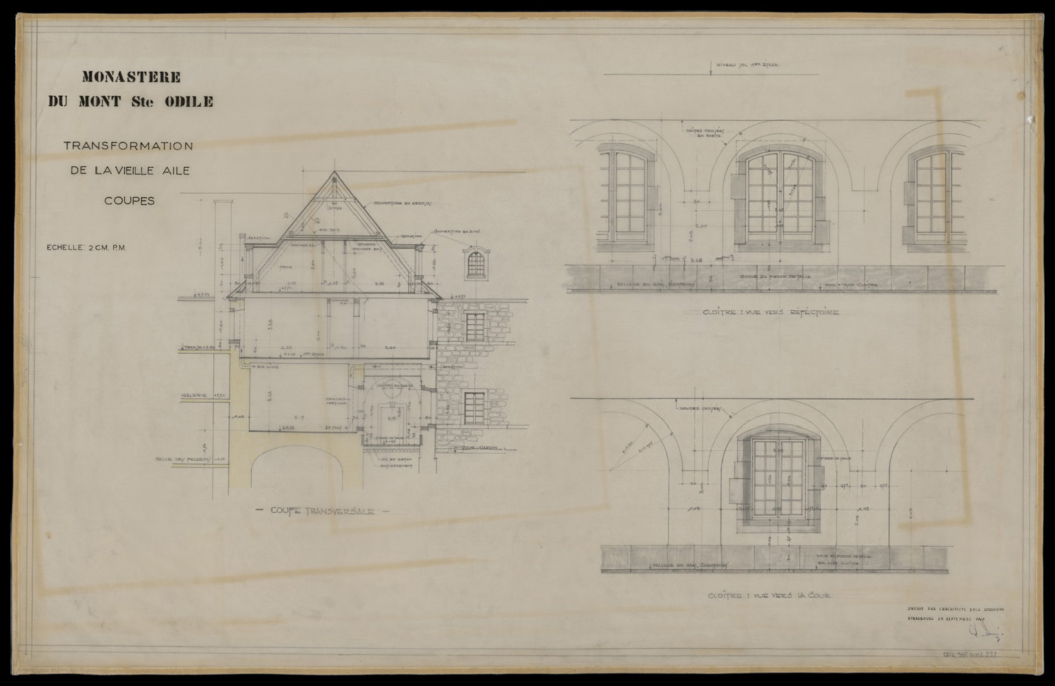 Projet de transformation de la vieille aile, coupe transversale et détails du cloître.