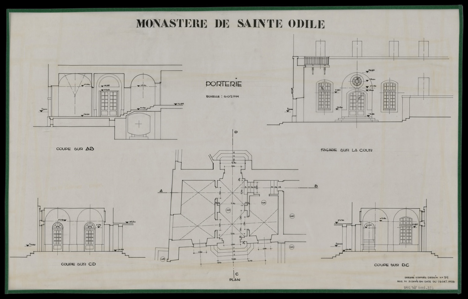 Porterie, plan de masse, élévation sur cour et coupes.