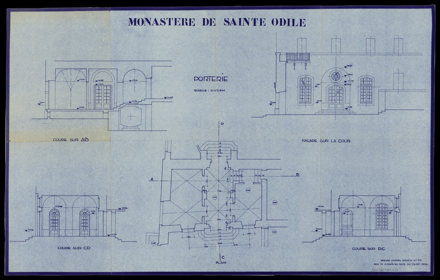 Porterie, plan de masse, élévation sur cour et coupes.