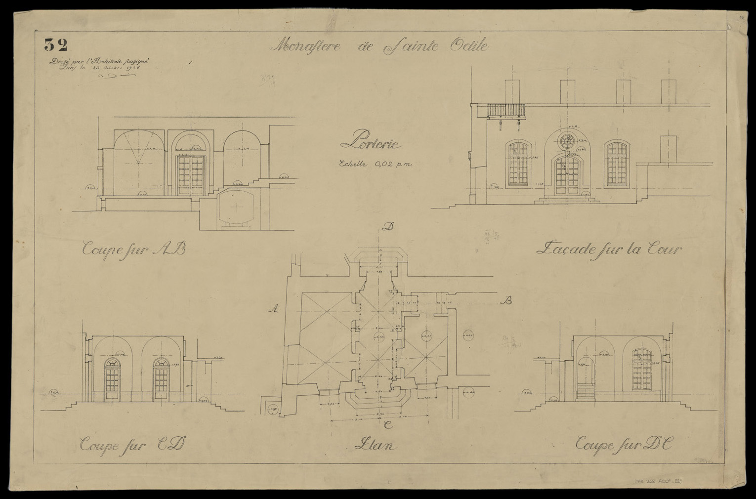 Porterie, plan de masse, élévation sur cour et coupes.