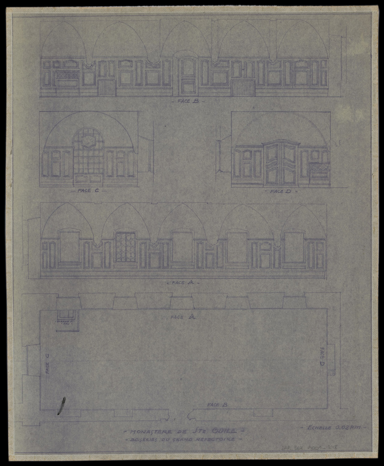 Grand réfectoire, plan de masse et élévations intérieures.