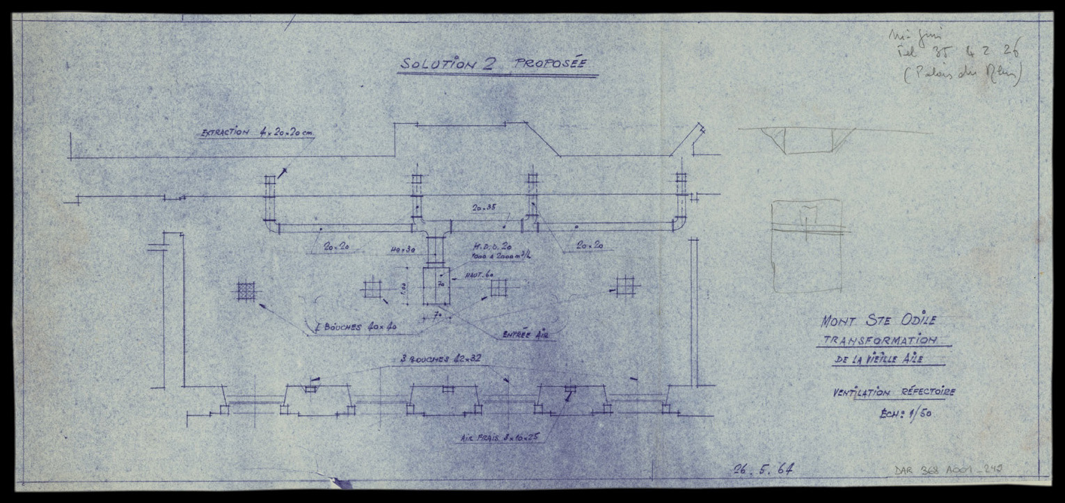 Transformation de la vieille aile, plan du système de ventilation du réfectoire.