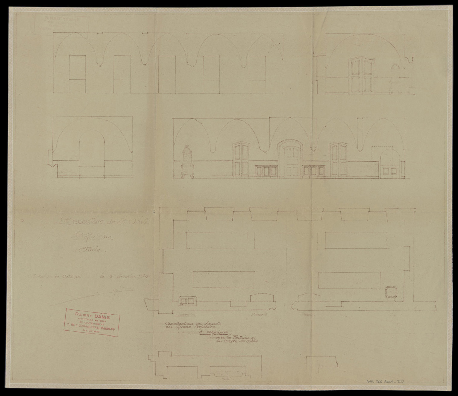 Réfectoire, plan de masse, élévation intérieure, coupe et détail du lavabo.