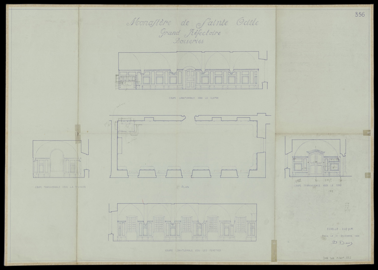 Grand réfectoire, plan de masse, élévations intérieures et détail du lavabo.