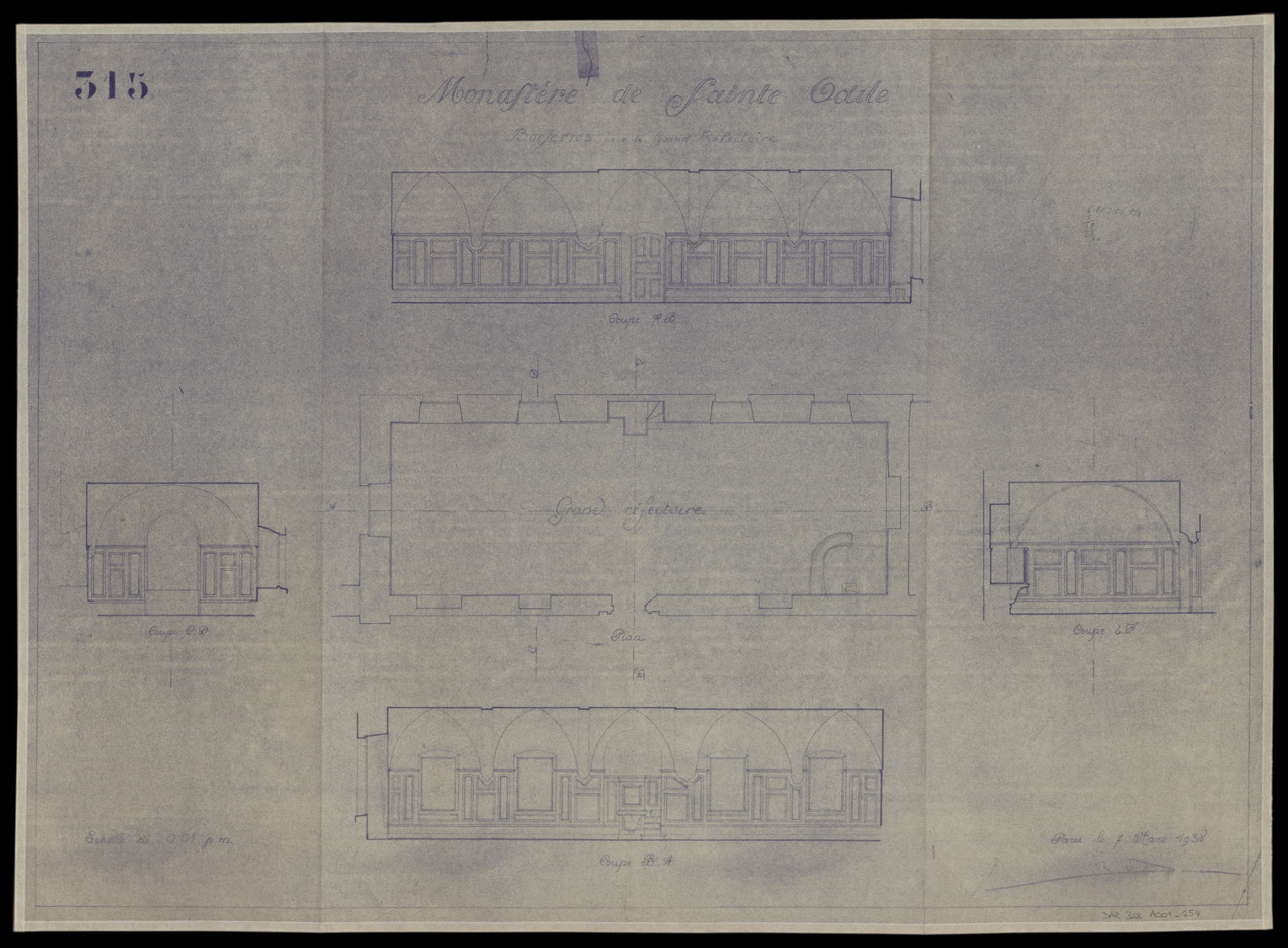 Grand réfectoire, plan de masse et élévations intérieures.