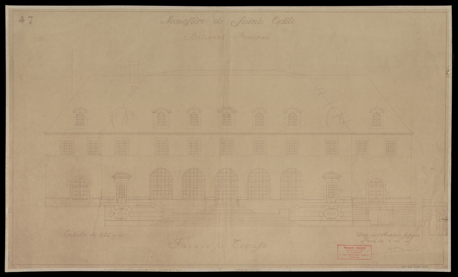 Bâtiment principal, élévation de la façade sur la terrasse.