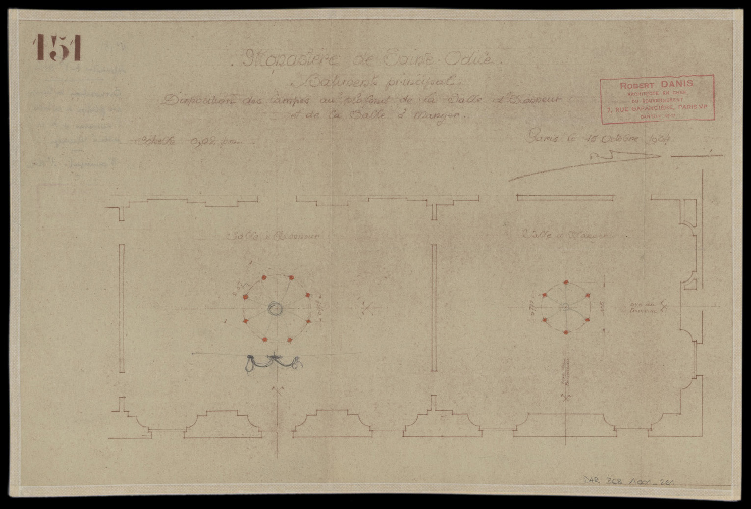 Bâtiment principal, plan de disposition des lampes au plafond de la salle d’honneur et de la salle à manger.