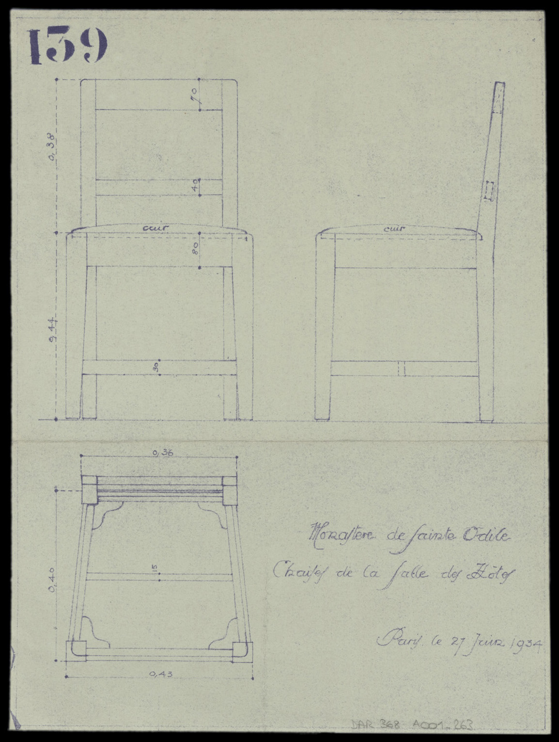 Salle des hôtes, plan et élévations des chaises.