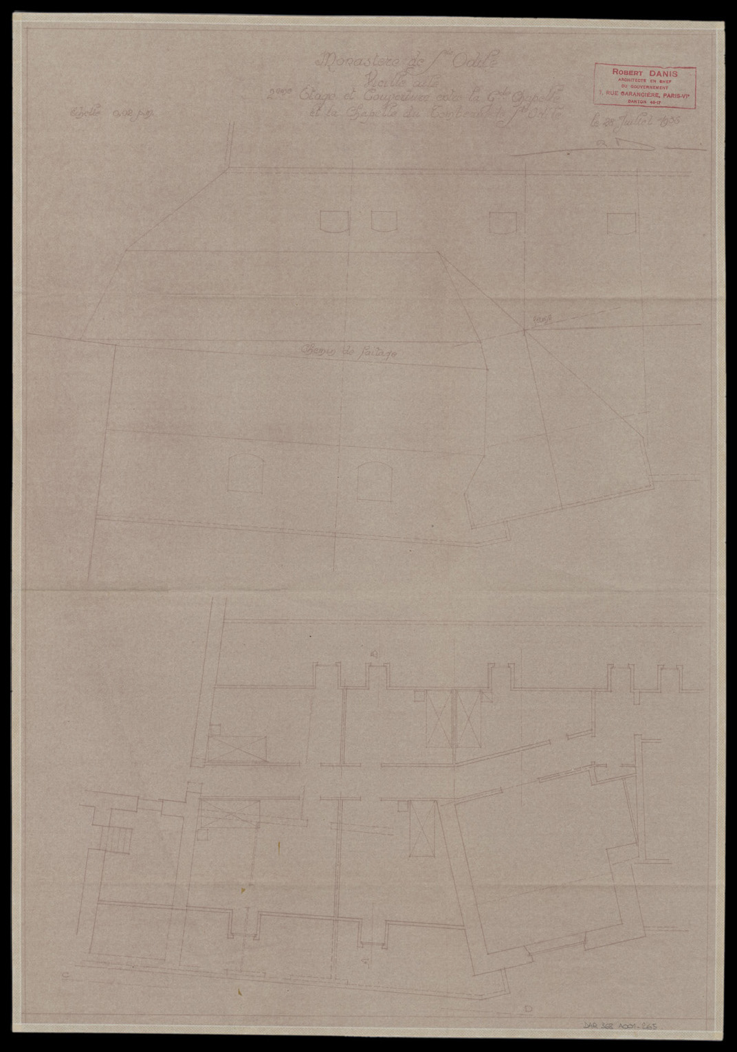 Vieille aile, plan de masse du deuxième étage et plan de la couverture entre la grande chapelle et la chapelle du tombeau de sainte Odile.