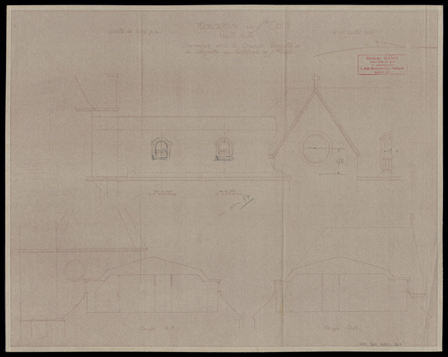 Vieille aile, élévation et coupe sur la couverture entre la grande chapelle et la chapelle du tombeau de sainte Odile.