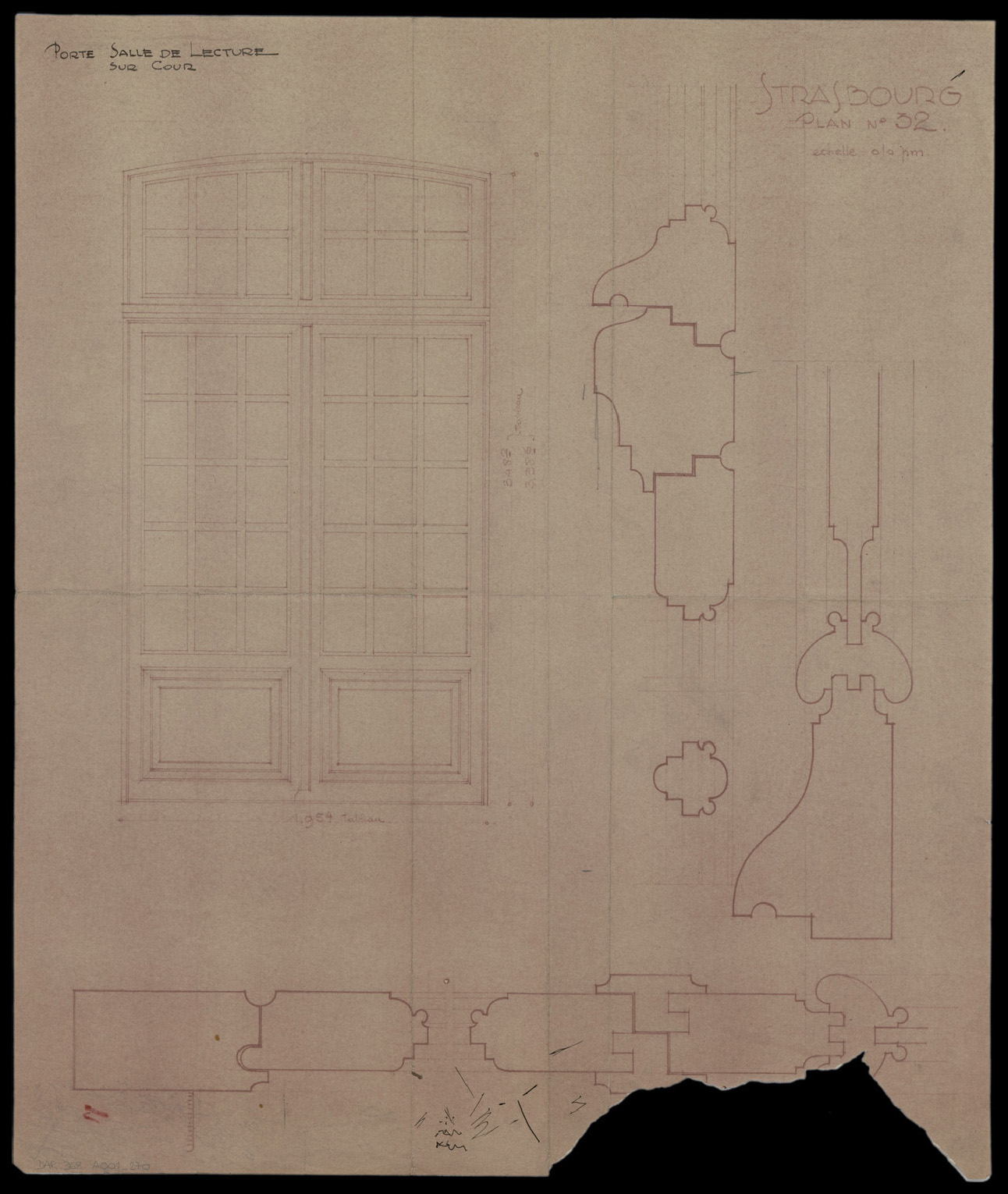 Salle de lecture, élévation et détails de la porte sur cour.