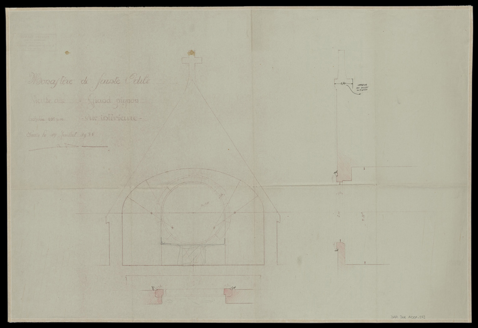 Vieille aile, plan, coupe et détails du grand pignon.