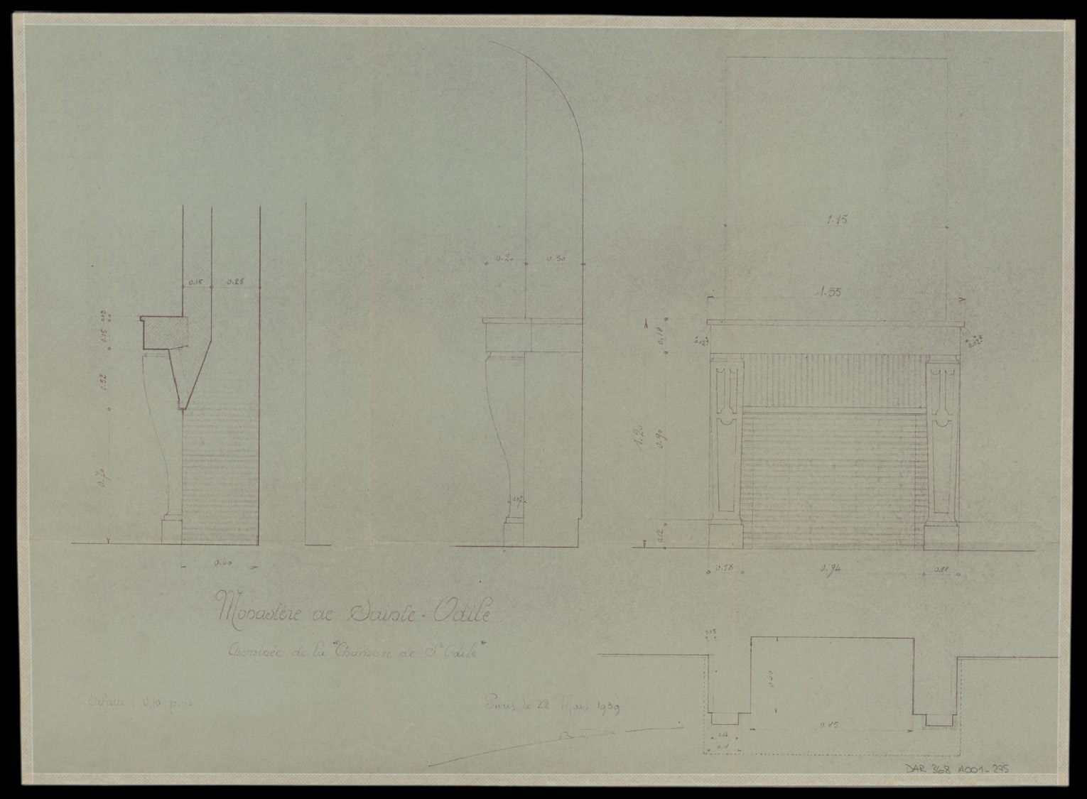 Chambre de sainte Odile, plan et élévations de la cheminée.