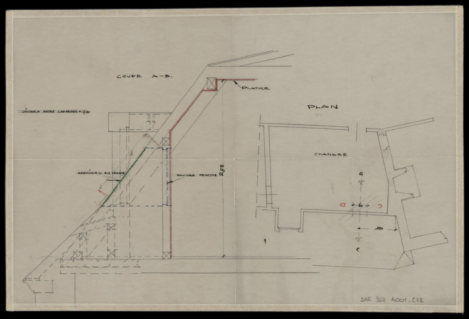 Chambre de sainte Odile (?), plan de masse et coupe sur la toiture.