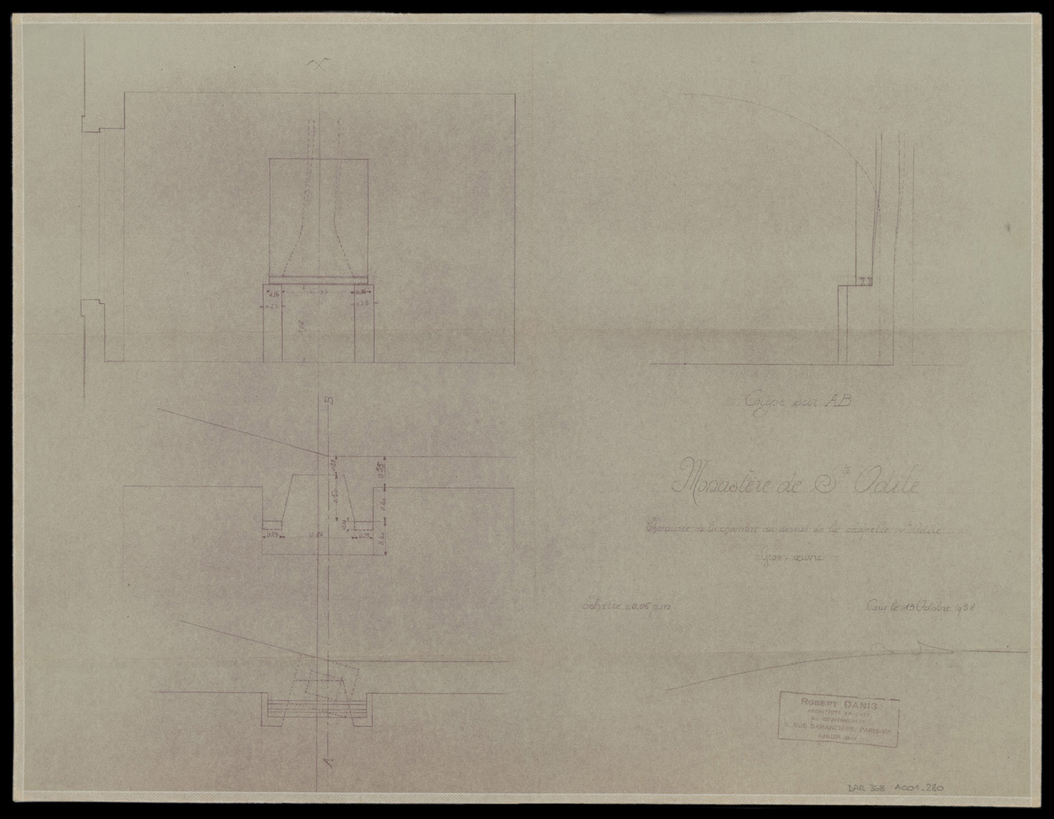 Chambre au-dessus de celle de sainte Odile, plan et élévations de la cheminée.