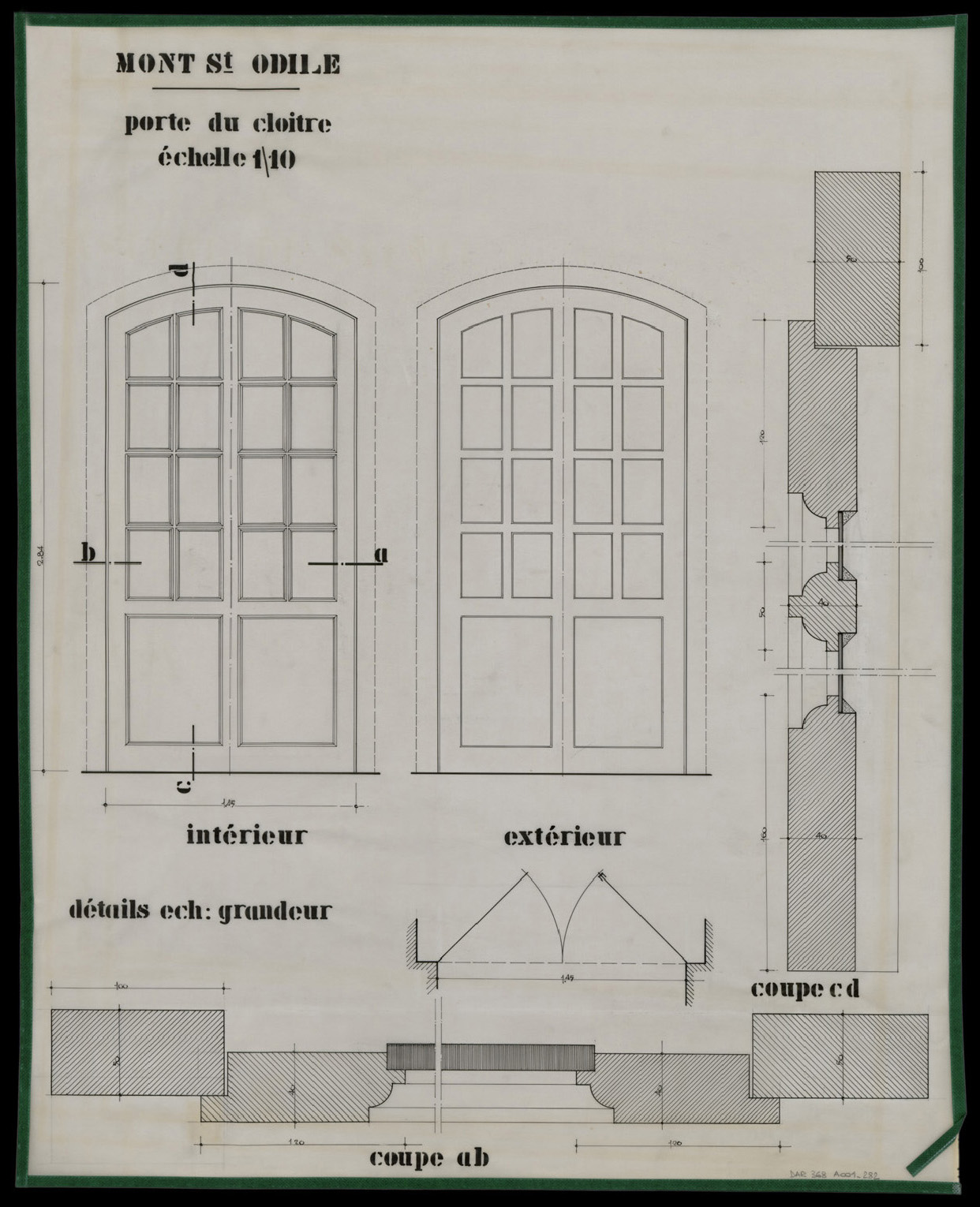 Cloître, plan, élévations et coupes de la porte.