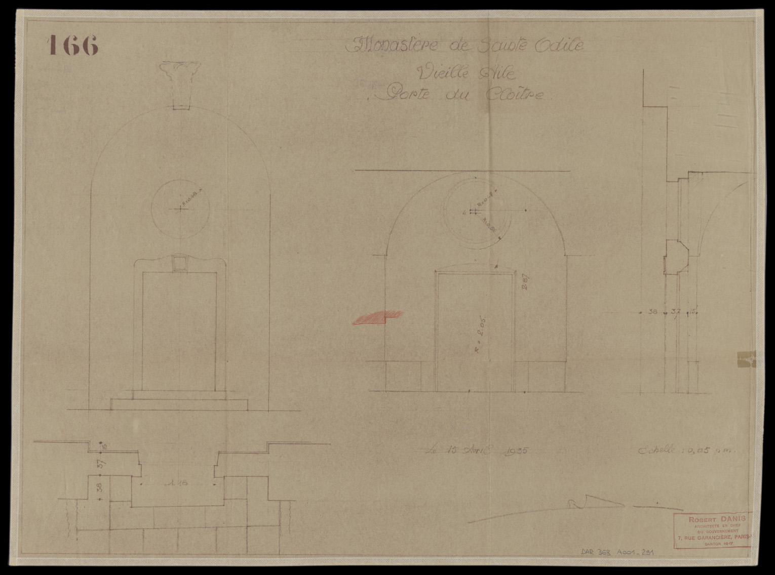 Vieille aile, plan, élévations et coupe de la porte du cloître.